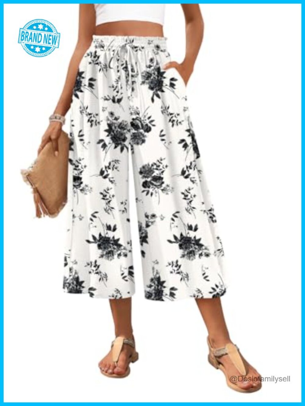 Wide Leg Capri Palazzo Pants Gaucho Flowy High Waist with Pockets
